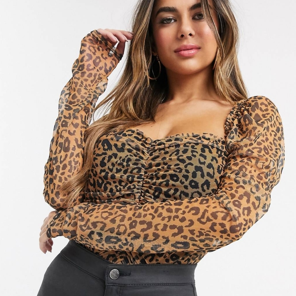 Missguided Ruched Leapord Print Mesh Top